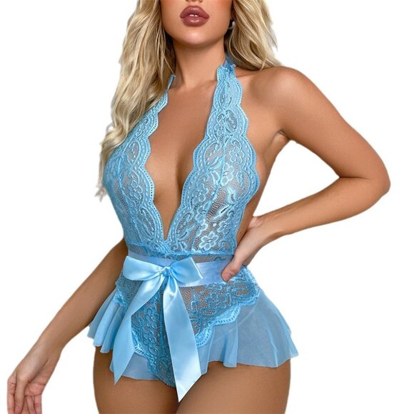 2/$30 Blue One Piece Floral Lace Lingerie Bodysuit Ruffles Babydoll Teddy - Picture 5 of 6